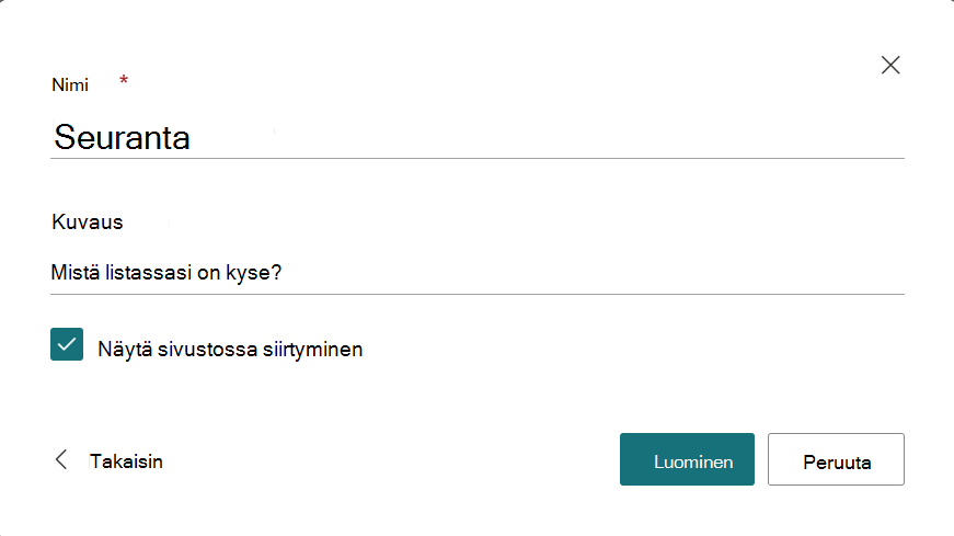 Valintaikkuna uuden luettelon nimen ja kuvauksen antamiseen