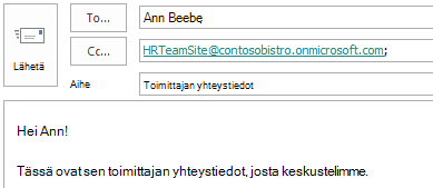 Sähköpostiviesti, jonka Kopio-rivillä on sivuston postilaatikon sähköpostiosoite.