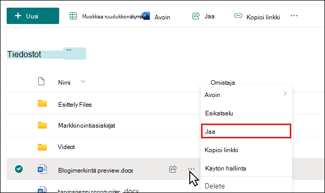 SharePoint-kirjaston tiedoston jakaminen