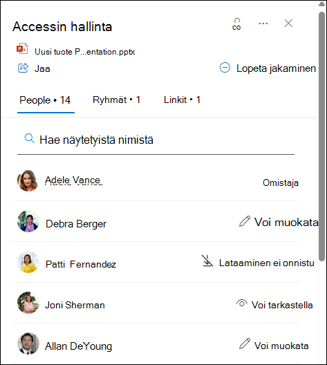 Valintakorttiin on lueteltu tiedoston jakavien henkilöiden nimet