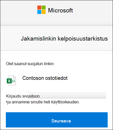 OneDriven ulkoisen jakamisen linkin tarkistaminen sisäänkirjautumista varten.