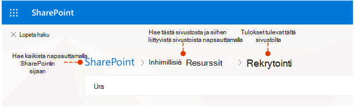 Näyttökuva, jossa näkyy, mistä tulokset ovat peräisin, ja vaihtoehtoiset hakupaikat