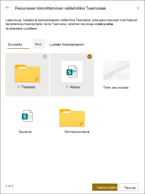 Kiinnitä resurssit välilehtiin