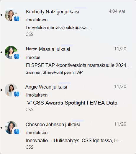 näyttökuva uutisilmoitusten luettelosta