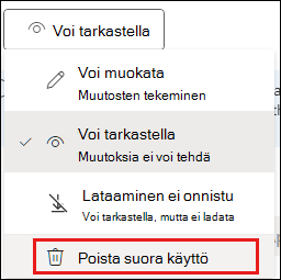 Näyttökuva jakamisoikeuksista, jossa Poista suora käyttö -vaihtoehto on korostettuna.