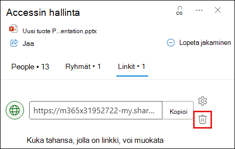 Näyttökuva, jossa näkyy Käytön hallinta -valintaikkuna ja Linkki-välilehti avattuna. Poista linkki -painike näkyy korostettuna.