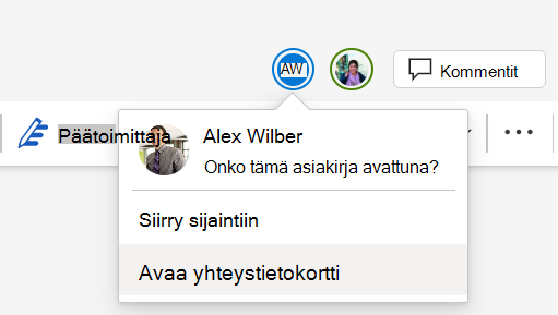 Näyttökuva useista yhteiskäyttäjistä muokkaamassa samaa asiakirjaa.