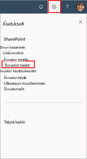 Kuva asetuspaneelista, jossa sivuston tiedot on korostettu