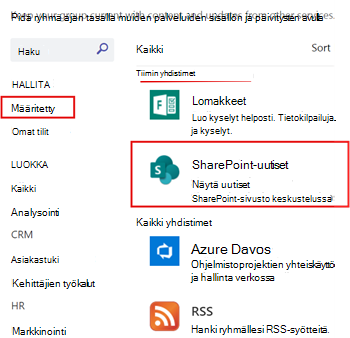 Teams-kanavalle määritettyJen SharePoint-uutisten näyttäminen