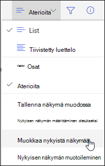 SharePoint Onlinen Muokkaa nykyistä näkymää -valikkovaihtoehto