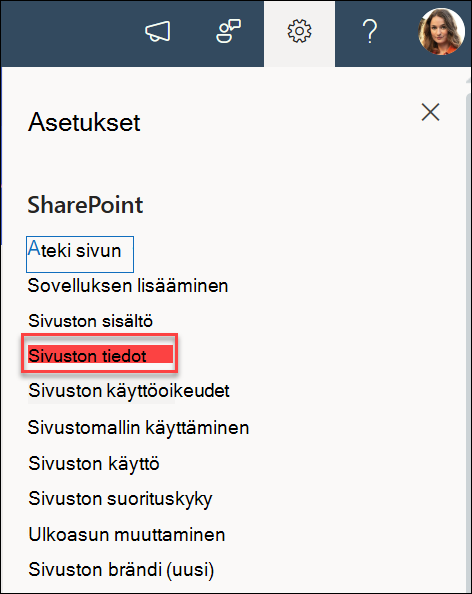 Sivuston tiedot -vaihtoehto Asetukset-valintaikkunassa.