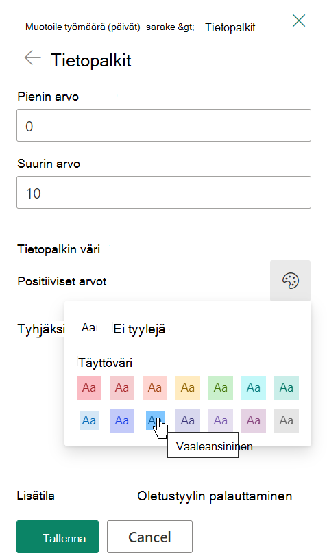SharePoint-luettelosarakkeen tietopalkkien muotoiluasetukset.