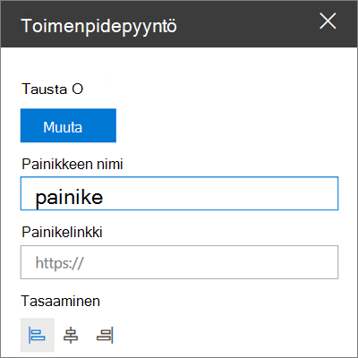 SharePoint-sivustojen Toimintokutsu-verkko-osan työkaluryhmä, jossa näytetään, miten voit mukauttaa verkko-osan linkkiä, painiketta ja tasausta