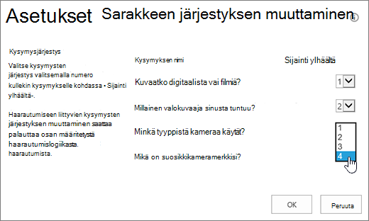 Muuta kysymysten järjestystä -valintaikkuna, jossa on avattava valikko ja yksi kysymys korostettuna