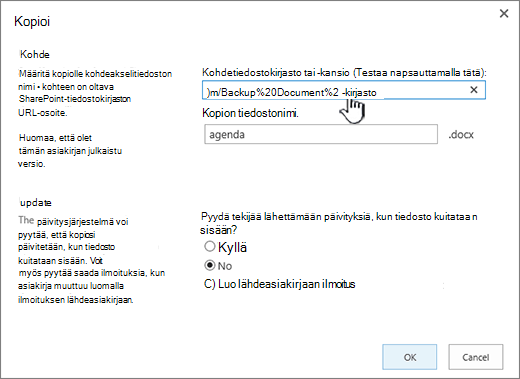 Kopioi-valintaikkuna, jossa URL-osoite näkyy valittuna.