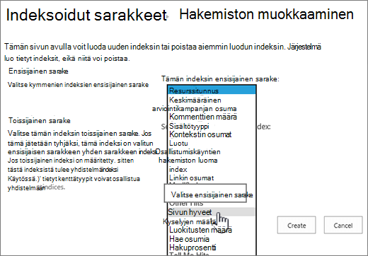 Muokkaa indeksisivua, jossa sarake on valittu avattavasta ruudusta