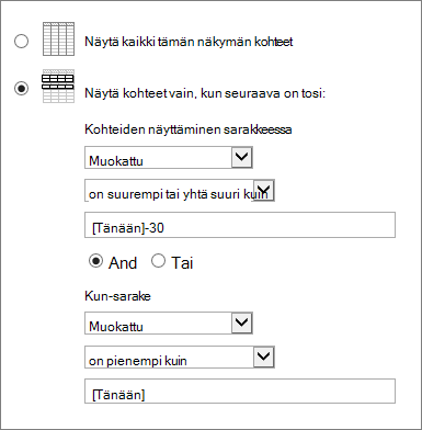 Suodattimia, joissa on käytössä [tänään]