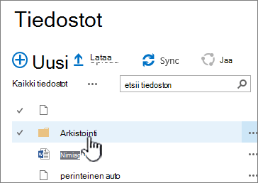 SharePoint 2016:n tiedostokirjasto, jossa näkyy korostettuna kansio