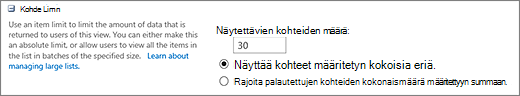 Määritä Näkymän asetukset -sivulla näytettävien kohteiden määrä