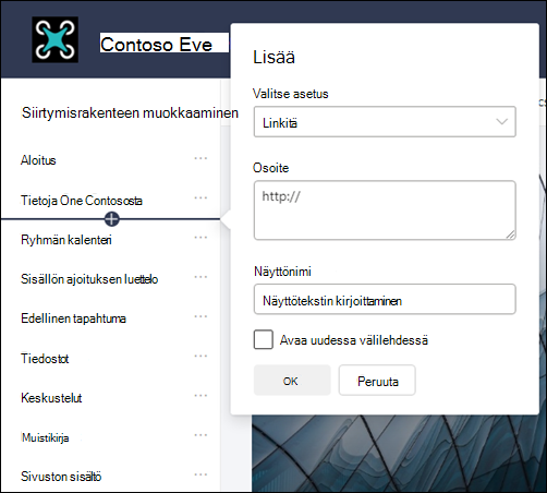 Linkin lisääminen SharePoint-ryhmäsivuston vasempaan siirtymispalkkiin