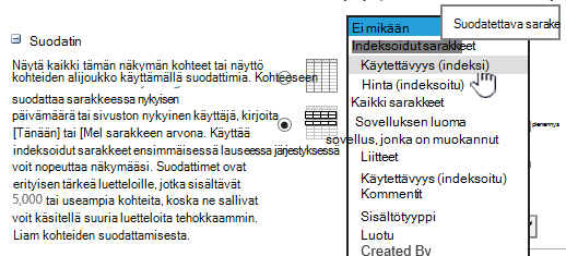 Valitse SharePoint Onlinessa indeksoitu kenttä