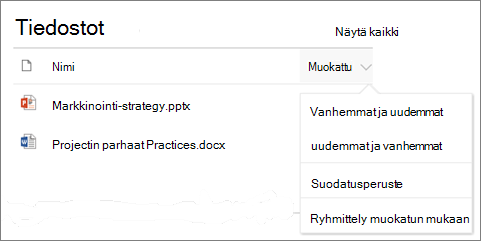 Tiedostokirjasto-verkko-osa, jossa näkyy lajittelu-, suodatin- ja ryhmävalikko