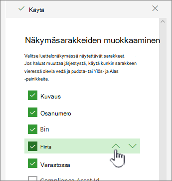 Ylä- tai alanuolien käyttäminen tai sarakkeen sijainnin vetäminen ja pudottaminen