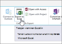 SharePointin Vie Exceliin -painike korostettuna valintanauhassa