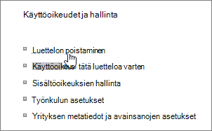 Luettelon asetusvalintaikkuna, jossa Poista luettelo on korostettuna