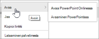 Tiedoston ellipsi-valikko, jossa Avaa on korostettuna