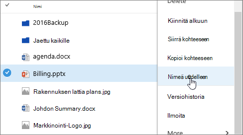 Ellipsivalikko, jossa Nimeä uudelleen -vaihtoehto näkyy korostettuna