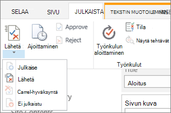 Lähetä- ja Julkaise-painikkeet Julkaise-välilehdessä muokkaustilassa.