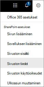 Asetusvalikko, jossa Sivuston tiedot valittuna