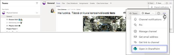 Avaa SharePointissa -valikkovaihtoehto Teamsissa