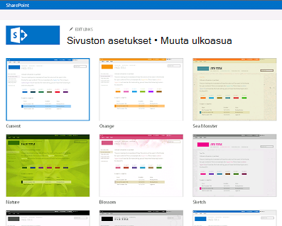 Esimerkki yhteisösivuston muokkausta varten käytettävissä olevista ulkoasuista
