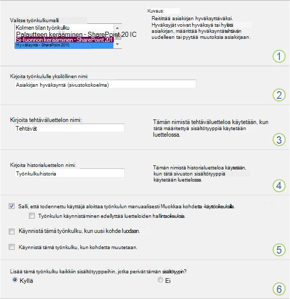 Työnkulun asetussivu