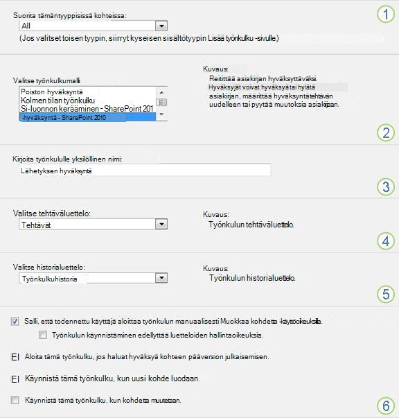 Lisää työnkulku -perustiedot ja eri osiot korostettuina