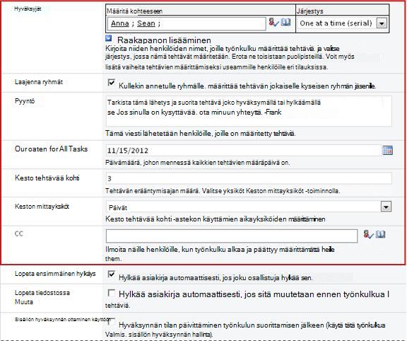 Työnkulun suorittamista koskevien tietojen syöttölomake