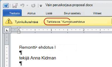Hyväksy kohteen sanomapalkin teksti