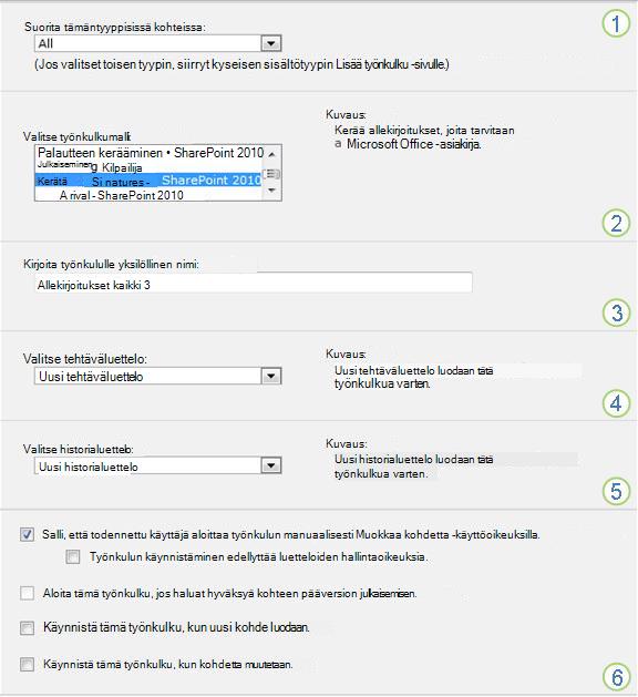 Yksittäisen luettelon tai kirjaston liittämislomakkeen ensimmäinen sivu