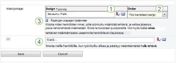 Liittämislomakkeen toinen sivu eri vaihtoehdot korostettuina