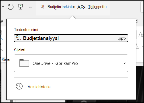 Asiakirjan otsikon avattava valikko Word for Office 365:ssä