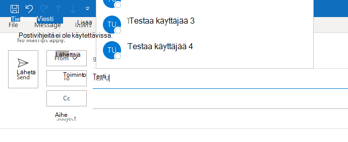 Kuva, jossa näkyy Outlookin automaattinen täydennys. Automaattinen täydennys on vain osittain näkyvissä.