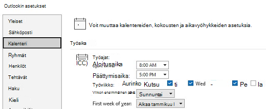 Näyttökuva Calendar -työaika-asetuksista