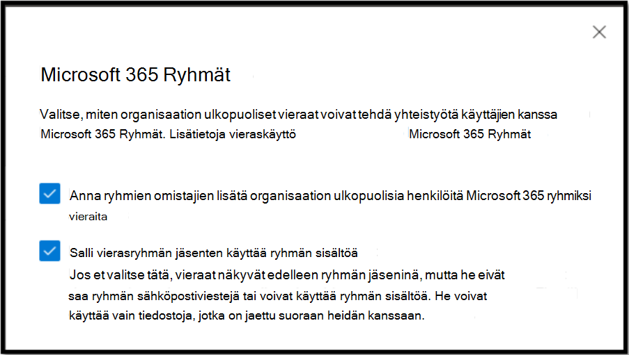valitse, miten organisaation ulkopuoliset vieraat voivat tehdä yhteistyötä käyttäjiesi kanssa Microsoft 365 -ryhmissä