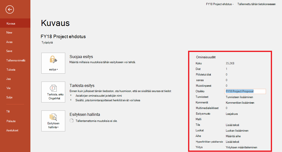 Office-asiakirjan ominaisuudet – tiedosto > Tietoruutu