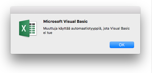 Microsoft Visual Basicin virhe: Muuttuja käyttää automaatiotyyppiä, jota Visual Basic ei tue.