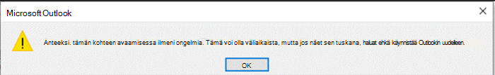 Näyttökuva Outlook-virheestä