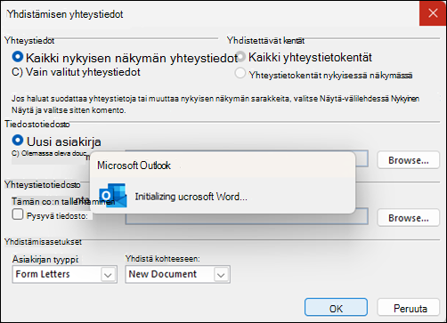 Outlookin yhdistämistoiminto jumiutuu alustusikkunassa