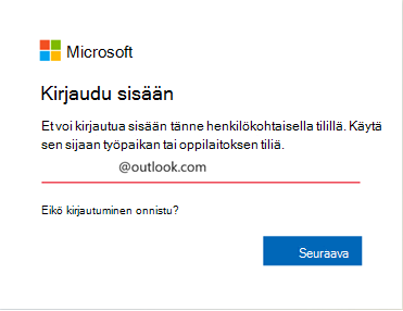 Näyttökuva Outlookin kirjautumisvirheestä